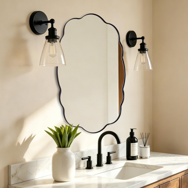 ANDY STAR Black Wavy Oval Mirrors for Bathroom, 24x40 Inch Wavy Scalloped Wall Mirror, Anti Rust Stainless Steel Metal Frame, Wall Mount Horizontal or Vertical