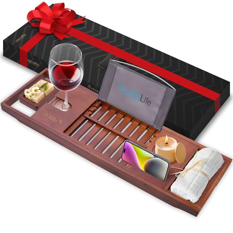 SereneLife Premium Bathtub Tray Caddy, Expandable Bath Tray, Unique House Warming Gifts, Gift for Mom, Women, New Home, Wedding, Anniversary, Bridal Shower, Universal Fit for All Tub - Brown, Gift Set