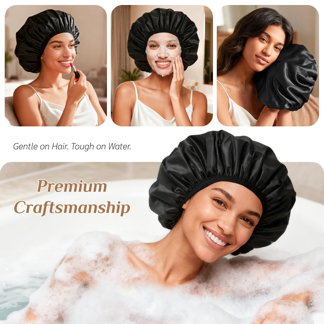 Extra Large Waterproof Shower Cap for Women, Double Layer Satin Lined Hair Bonnet for Curly Hair, Reusable Bath Cap with Elastic Edge for Long Thick Hair (Black)