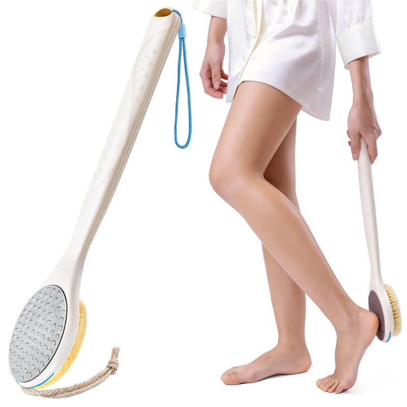 BUBBLEDANCE® Foot Scrubber & Callus Remover, 2-in-1 Long Handle Foot Brush with Stainless Steel Scraper and Hard Nylon Bristles, Exfoliating Feet Scrubber Dead Skin Remover for Shower