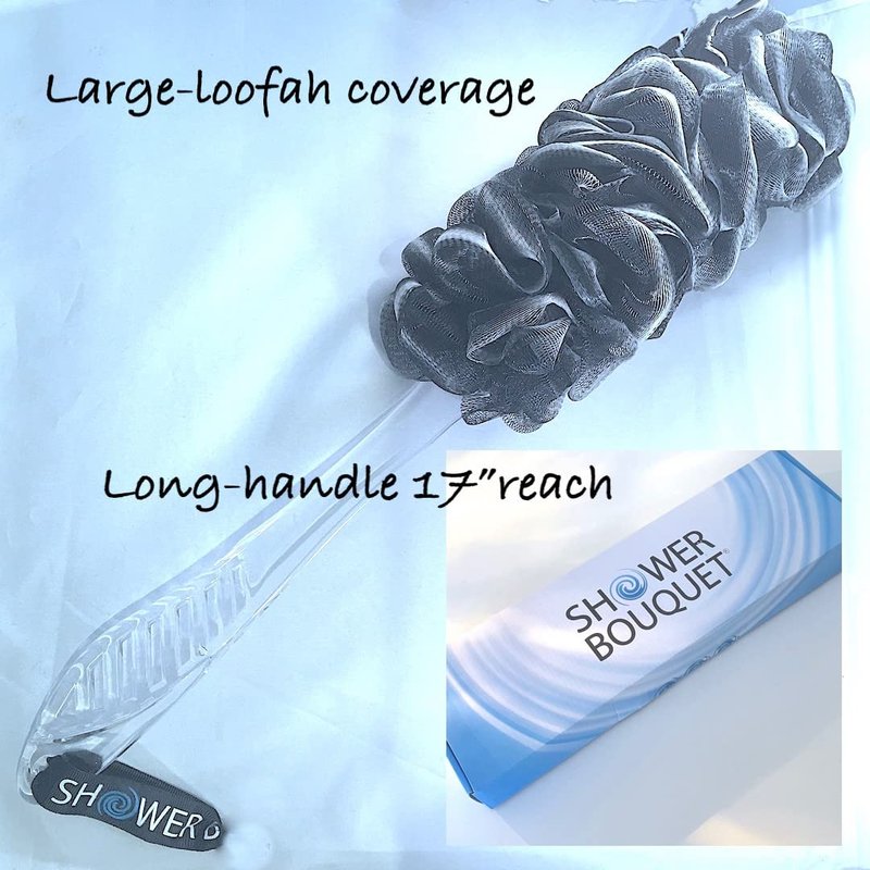 Loofah Charcoal Back Scrubber & Bath Sponge Set - 1 Long Handle Brush + 2 Extra Large 75g Soft Mesh Puffs | Unisex Exfoliating Tool