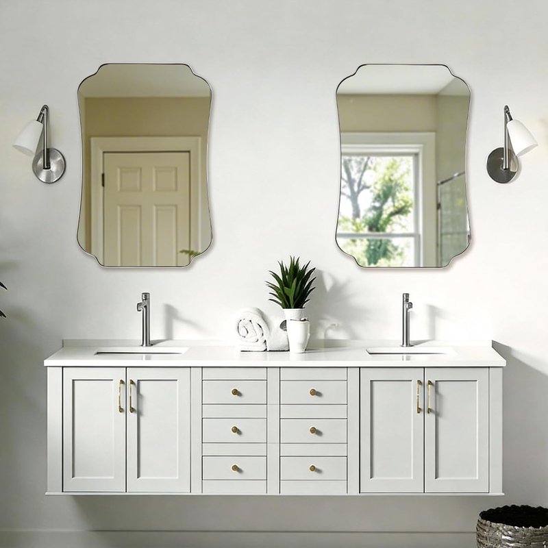 ANDY STAR Brushed Nickel Scalloped Bathroom Mirror - 26"x38" Metal Frame for Vanity & Entryway