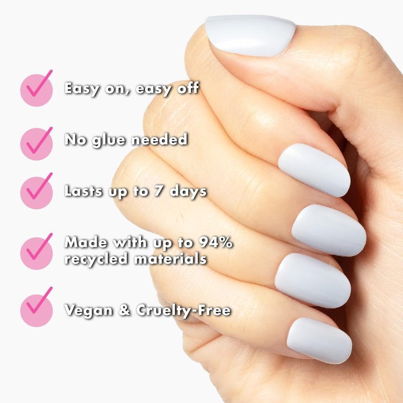 Olive & June Classic Super Stick Mani Press On Nails | No Glue Needed | 32 Tab Nails 16 Sizes | Non-Toxic Tabs Non-Damaging 7-Day Wear | Spring Flowers & Patterns | Short, Round | Rink Pastel Blue