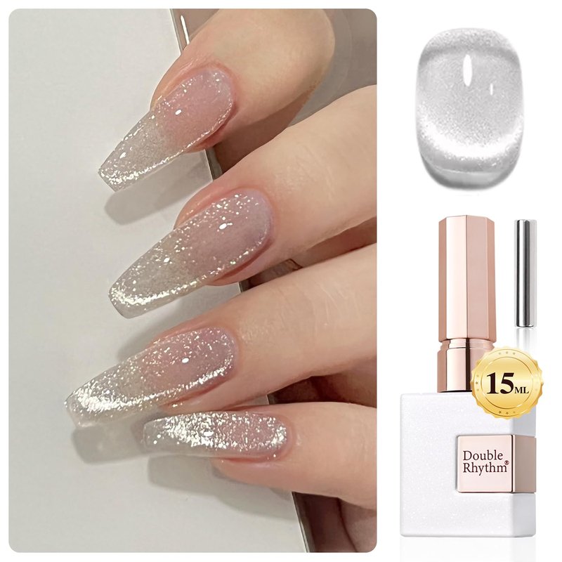 Double Rhythm Cat Eye Gel Polish - 0.5 OZ Holographic Glitter Magnetic Polish | Silver Translucent Jelly Color