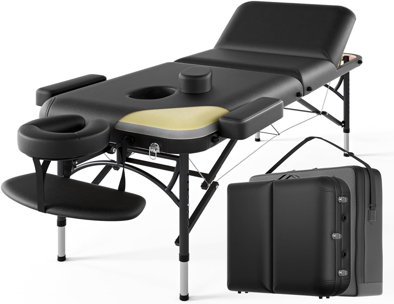 Skiennix Professional Massage Table - Portable 3-Fold Design with Premium Memory Foam | Adjustable Heights, Black