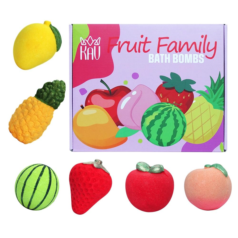 KAV Fruit Family Bath Bomb Set - 6Pcs Fruit Shaped Organic Bath Bombs for Kids, All Natural Scented Bubble Bath Bombs, Skin Safe & Non-Toxic bathbombs, Self Care Girlfriend Gifts for Spa Day
