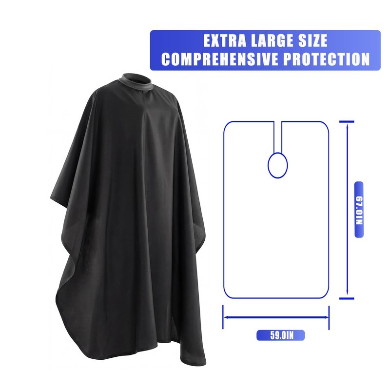 Silicone Neckline Salon Barber Cape, Black, Extra Large, Waterproof Polyester Hair Cutting Cape, Snap Button Collar (Black)