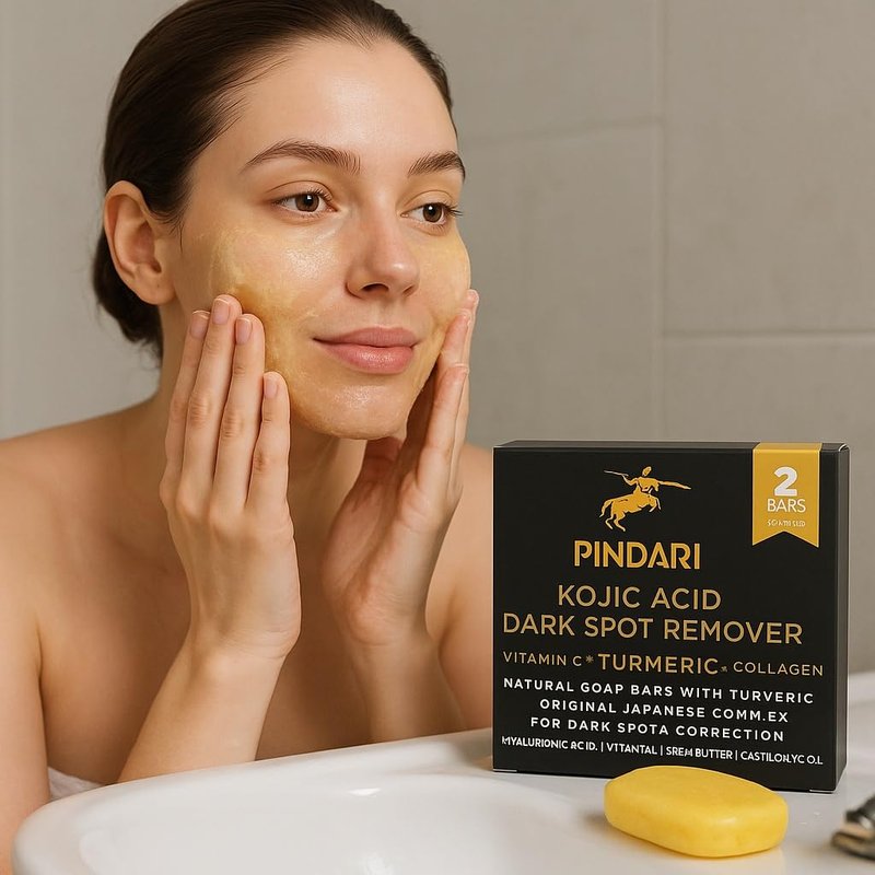 Pindari Turmeric Kojic Acid Soap Bar 2 Pack 3.53 oz Each | Face & Body Cleansing Bar with Vitamin C | Collagen | Hyaluronic Acid | Vitamin E & Shea Butter | SLS Free | Paraben Free | Vegan