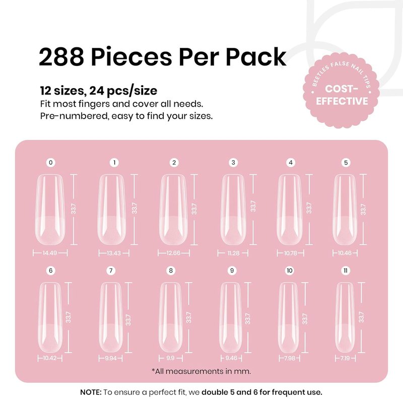 Beetles Gel Nail Tips - Long Square 288 Pcs Half Matte Press-On Nails | 12 Sizes for DIY Nail Art