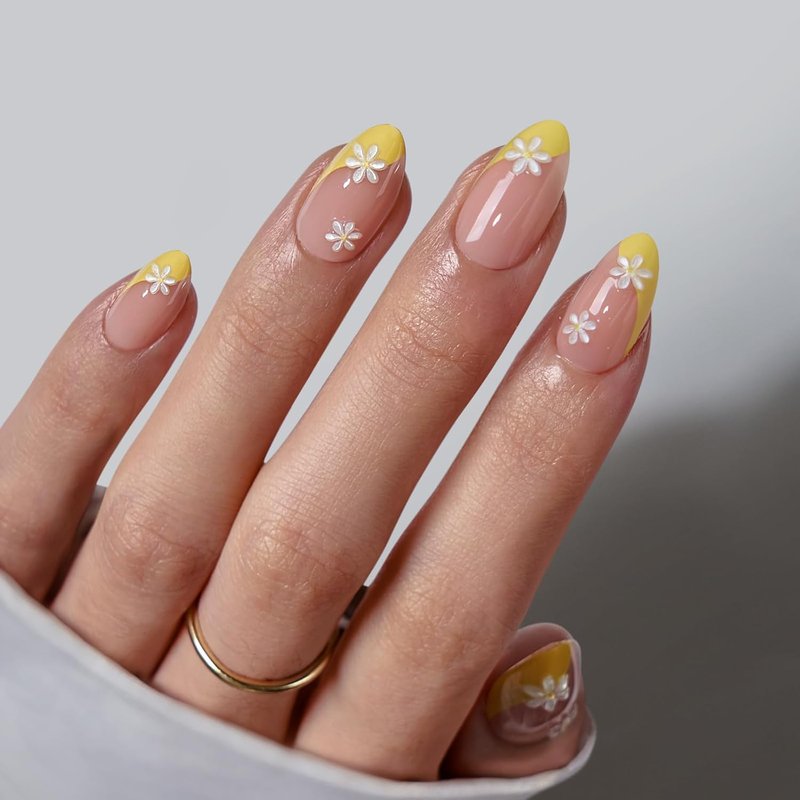 French Tip Press On Nails - Semi-Transparent Short Almond Gel Nails | 32-Piece Kit in 16 Sizes with Glue