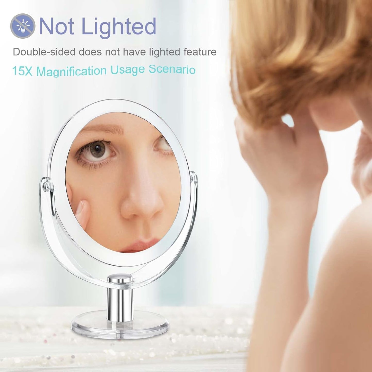 Vanity Makeup Mirror - 1X/15X Double-Sided Magnification | 360° Swivel, Portable Tabletop Design, 6.25 Inch
