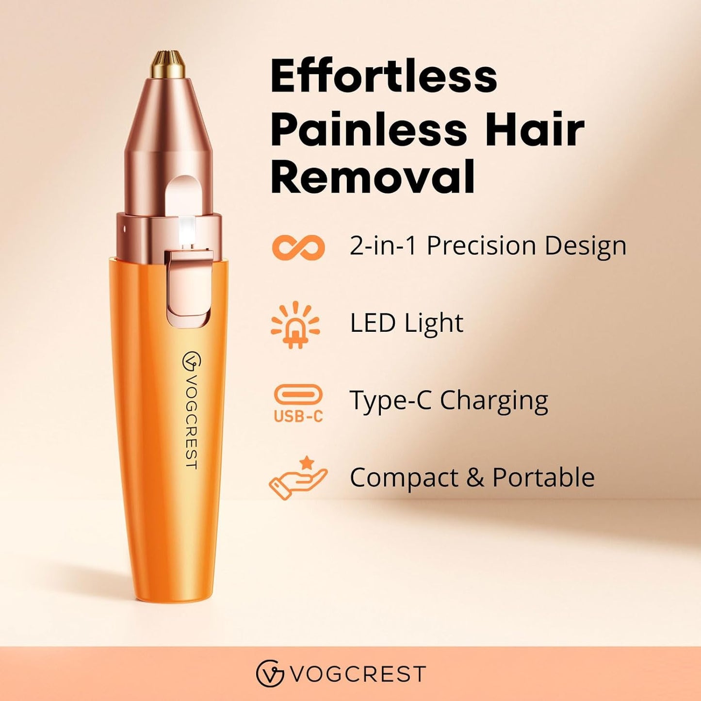 VG VOGCREST Eyebrow Facial Trimmer - 2-in-1 Rechargeable Hair Removal & Shaver with LED Light (Orange)