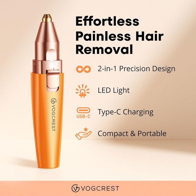 Eyebrow Facial Trimmer - 2-in-1 Rechargeable Hair Removal & Shaver | Painless Razor with LED Light (Orange)