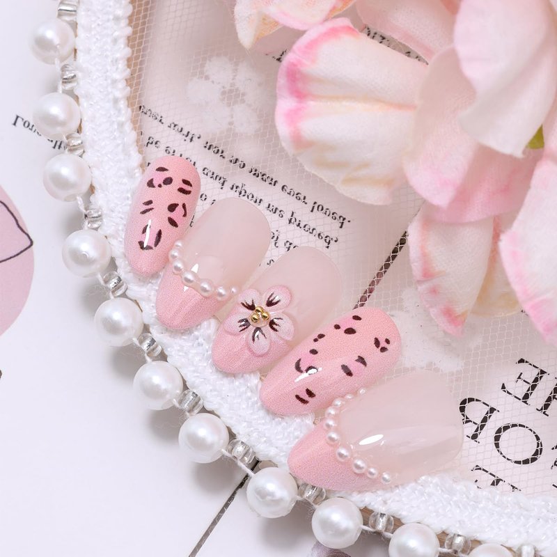 Skiennix 30Pcs Pink Leopard Flower Press-On Nails - Almond Shape, 3D Flower & Pearl Chain Design, Reusable Acrylic for Manicure