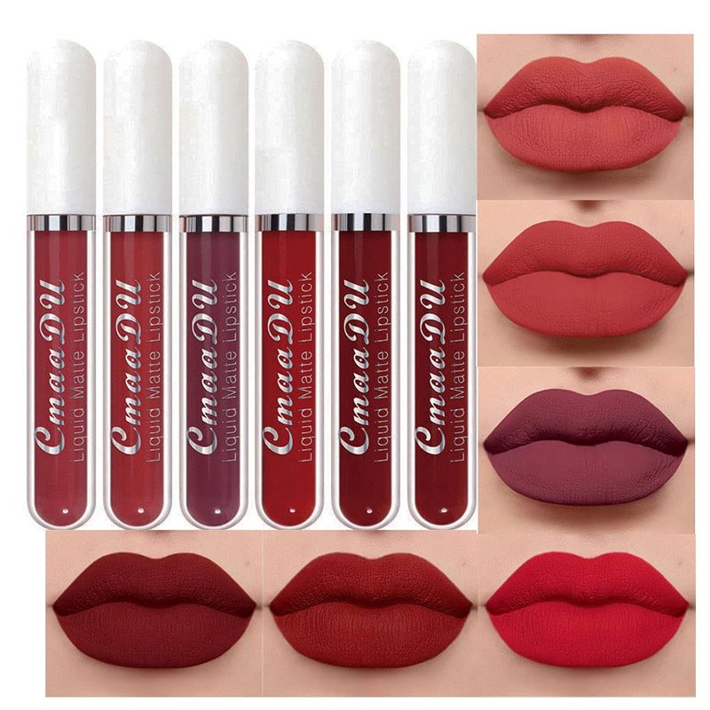 Matte Liquid Lipstick Set - 6 Pcs Long-Lasting Lip Gloss for Women | Dark Ruby, Brick Red, Mauve Shades