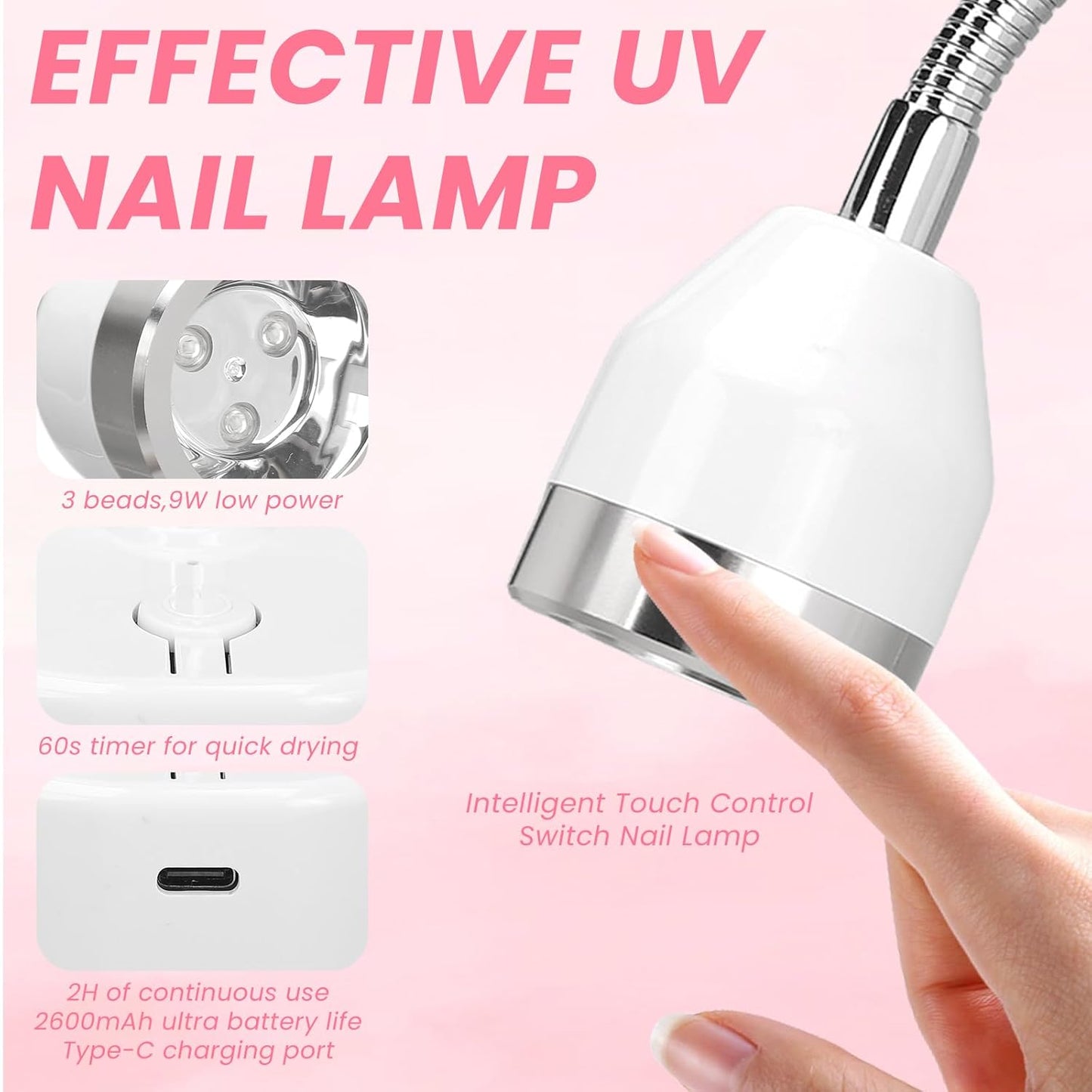Touch Switch Gel x Lamp - 9W Cordless Rechargeable Gooseneck UV Nail Lamp | Portable Quick-Dry with 60s Timer for Home & Salon