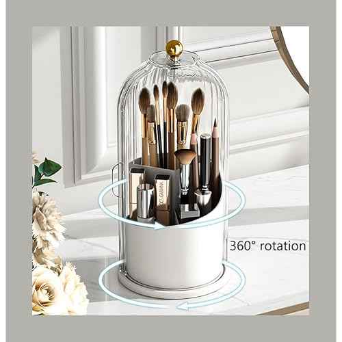 360¡ÆRotating Makeup Brushes holder with Lid£¬Make Up Organizers and Storage for Vanity Countertop or Bedroom Dresser£¨Transparent white£©