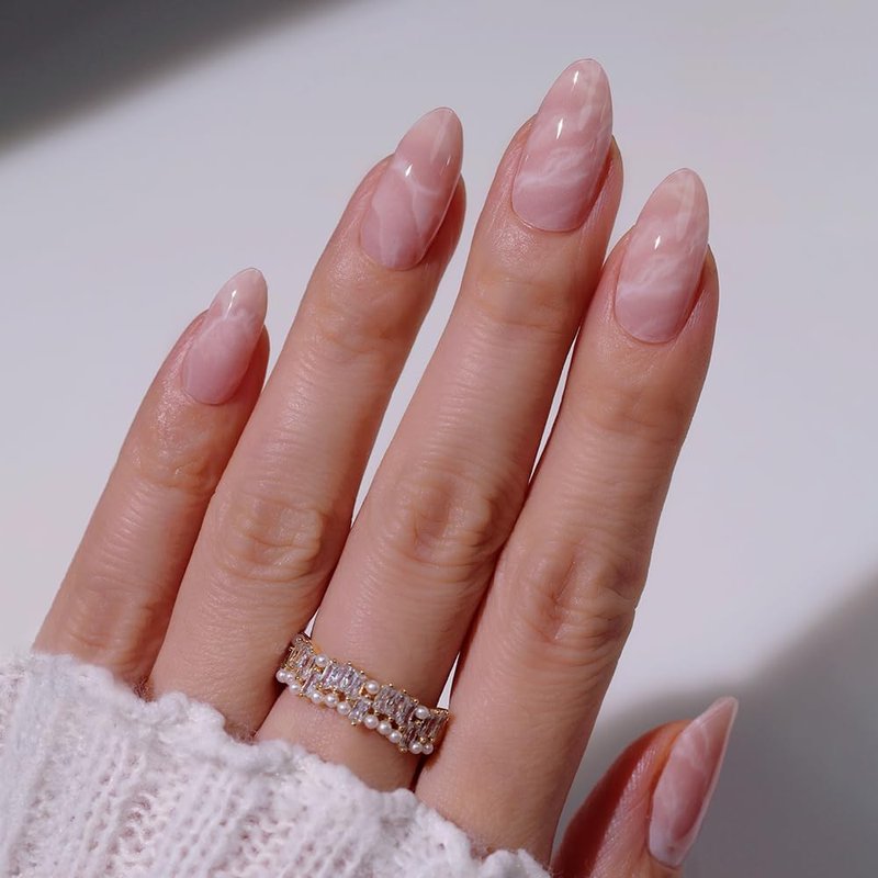 Heyhae Semi Cured Gel Nail Strips - Easy Apply Pink Marble Design | 28 Strips, Prep Pads & Nail File Included
