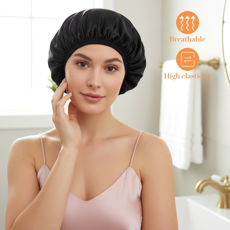 Sibba Shower Cap Elastic Shower Bonnet Caps Bath Hair Wrap Hat Treatment Caps for Women Reusable Waterproof Bathing Cap PEVA Lined for Braids Long Thick Hair Home Spa Travel Accessories (Black)