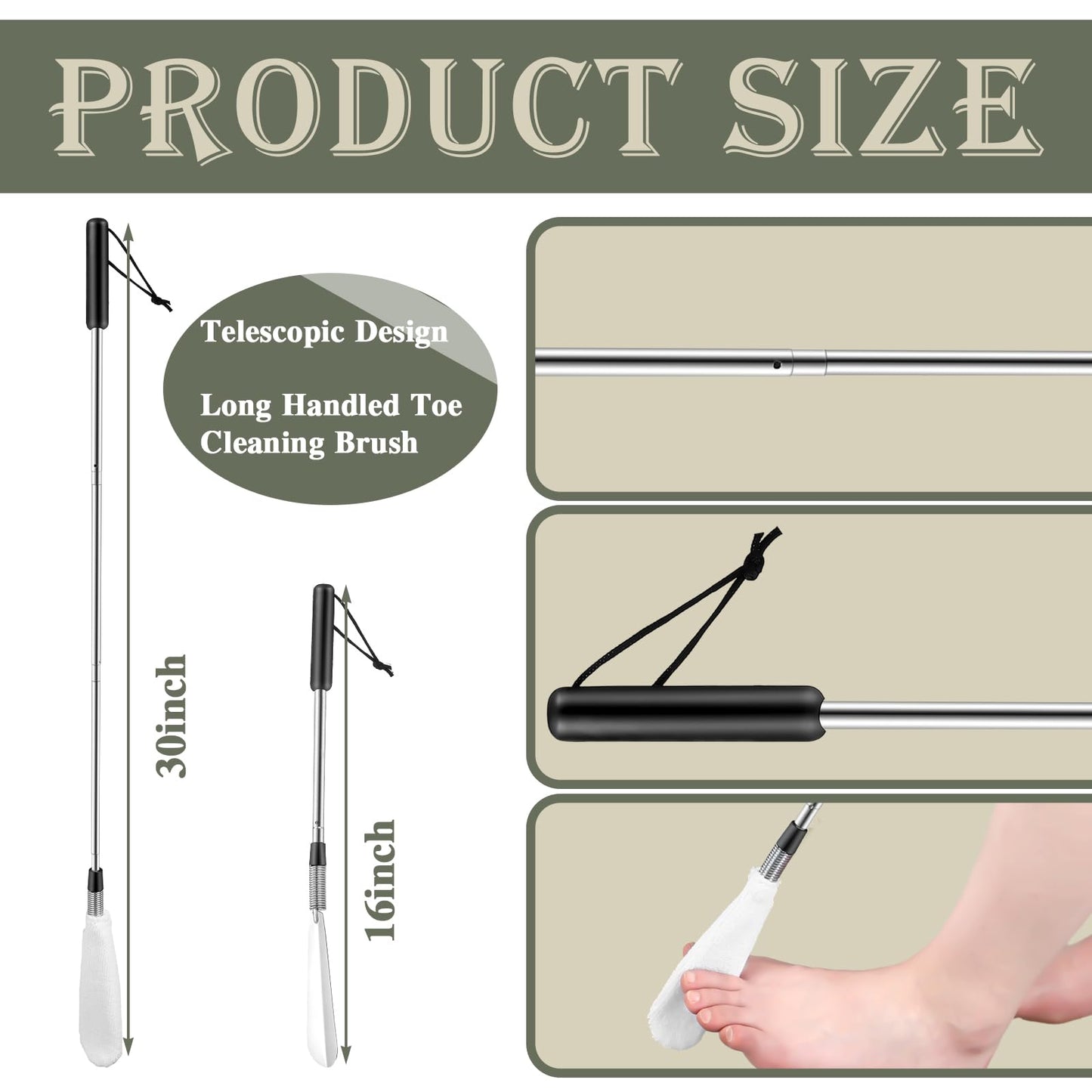 Velmitten Toe Cleaning Brush Lotion Applicator for Feet with 6 Reusable Drying Covers Foot Cleaner with Telescopic Stainless Steel 16-30 Inch Handle Toe Scrubber for Seniors Elderly Disabled Men Women