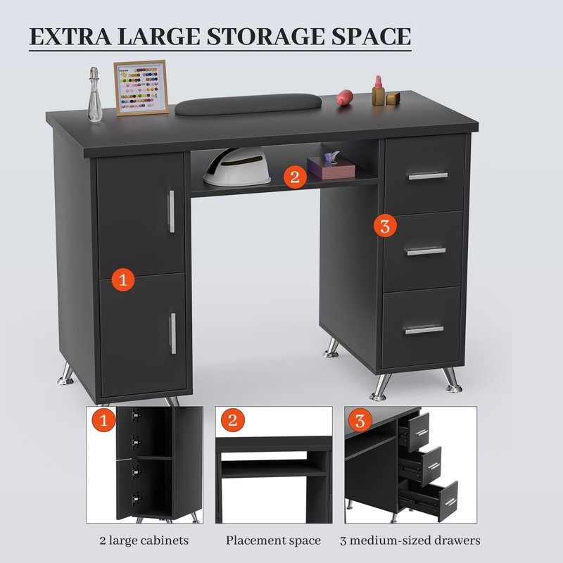Charmmade Black Nail Desk for Nail Tech with Drawers, Acetone Resistant Manicure Table Nail Tech Desk Storage Cabinet, Open Drawer, Wrist Pad, Metal Legs, for Beauty, Salon, Spa Makeup