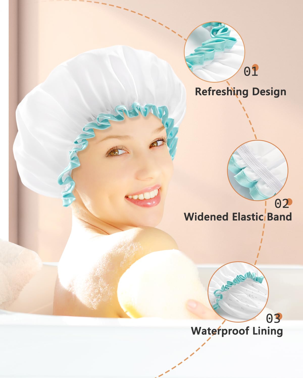 mikimini White Shower Cap for Long Hair 1 Pack, 12 inch large size,Waterproof Washable Hair Caps for Women and Girls, Super Cute and Extra Large