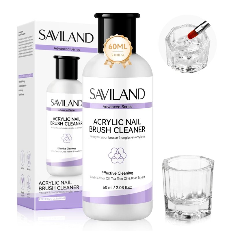 SAVILAND Acrylic Brush Cleaner: 3-Minute Deep Clean & Conditioning Liquid with Dappen Dish, Plant-Based Acrylic Nail Brush Cleaner and Preserver for Manicure Tools Home DIY & Salon Use, 60ml