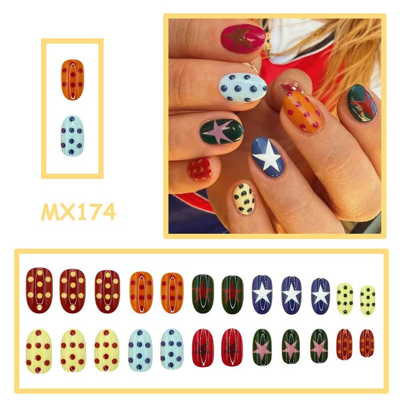 Red Press on Nails Short Almond Nails Press ons with Design Full Cover Stick on Nail for Women Manicure