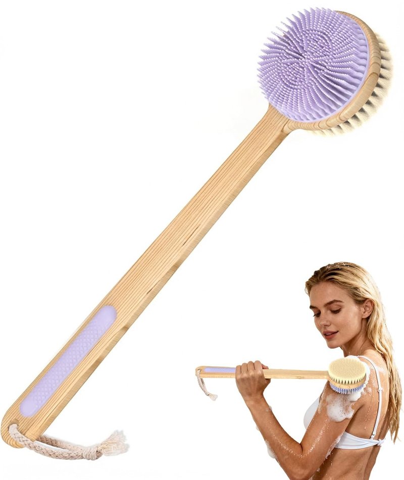 Back Scrubber for Shower - Double-Sided Silicone and Super-Dense Bristles for Deep Cleaning & Exfoliation, Bamboo Long Handle with Wider Anti-Slip Grip, Body Exfoliator for Wet or Dry Brushing