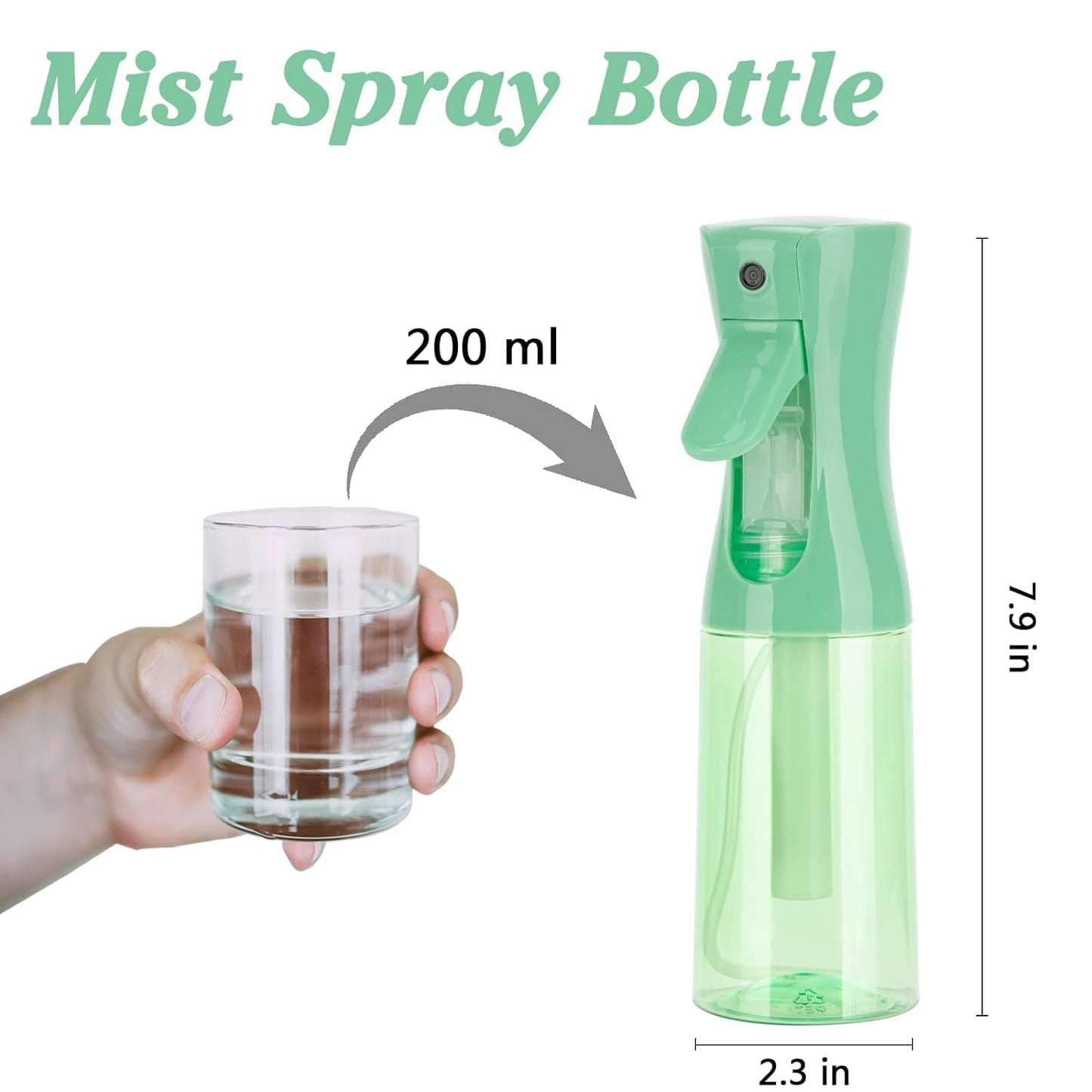 Zuhose Spray Bottle for Hair (6.8OZ /200ML) Continuous Ultra Fine Mist Sprayer for Hair, Salons, Barber, Plants, Skin Care, Cleaning 1 Pack CLEAR Green