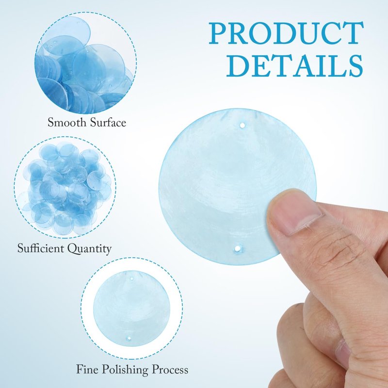 GLEAVI 100pcs Capiz Shells: 1.96in Light Blue Round Discs Chime Making - Flat 2-Hole Pendants for Chandeliers Coastal Decor Jewelry