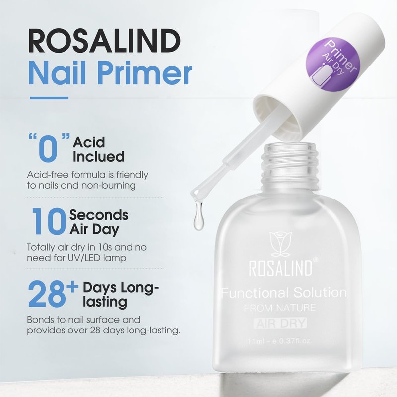 ROSALIND Nail Primer,11 ml Air Dry Acid Free No Lift Bond Primer, Hema-Free Bonder for Gel Polish Nail Supplies Set