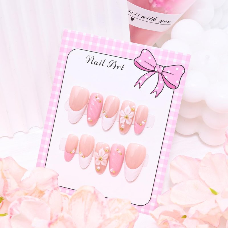 30Pcs 3D Pink Press on Nails Almond Medium False Nails White French Tip Fake Nails with Gold Bead Flower Rhinestones Design Cute Glue on Nails Artificial Spring Flower Acrylic Nails for Women Manicure
