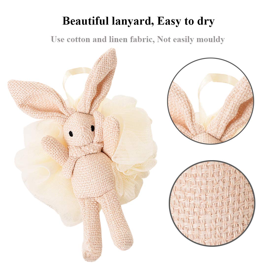 Kids Bath Loofah for Girls and Women,Soft Mesh Luffa with Cute Bunny Animal Character Exfoliating Body Scrubber Bath Sponge for Shower (2 Piece) - Pink & White