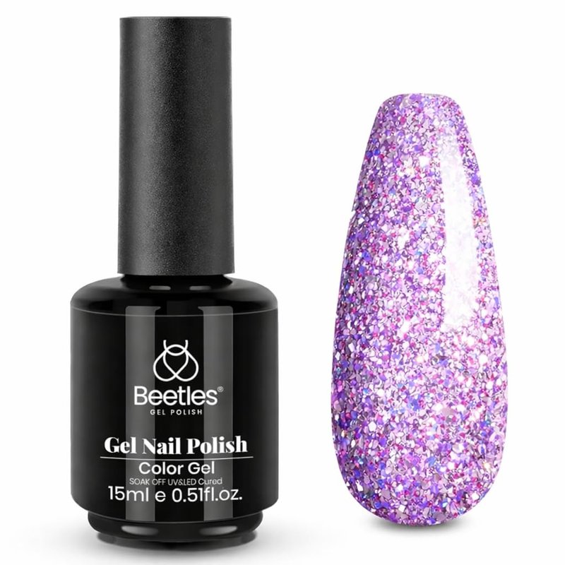 Beetles Purple Gel Nail Polish – 15ml Purple Glitter Gel Polish Soak Off UV LED Shimmer Rose Quartz Glow Color Nail Art Long Lasting Glossy Salon and DIY Nail Manicure Spring Gift for Women