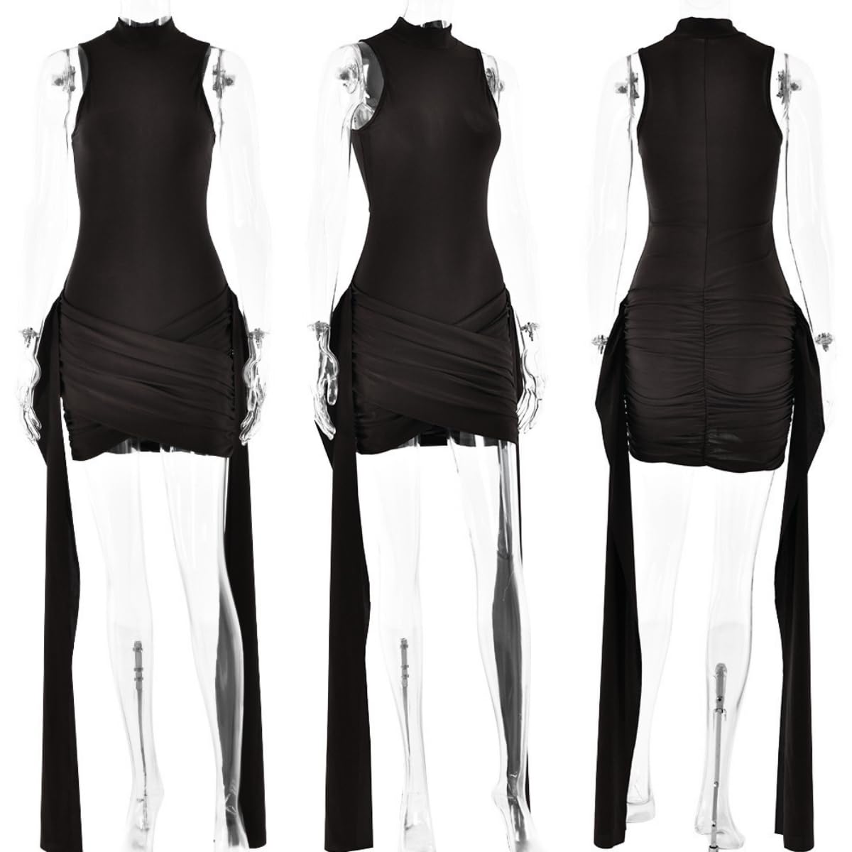 Suillty Women's Sexy Turtleneck Sleeveless Mini Dress Bodycon Ribbon Ruched Bandage Tank Dress for Party Club Brown