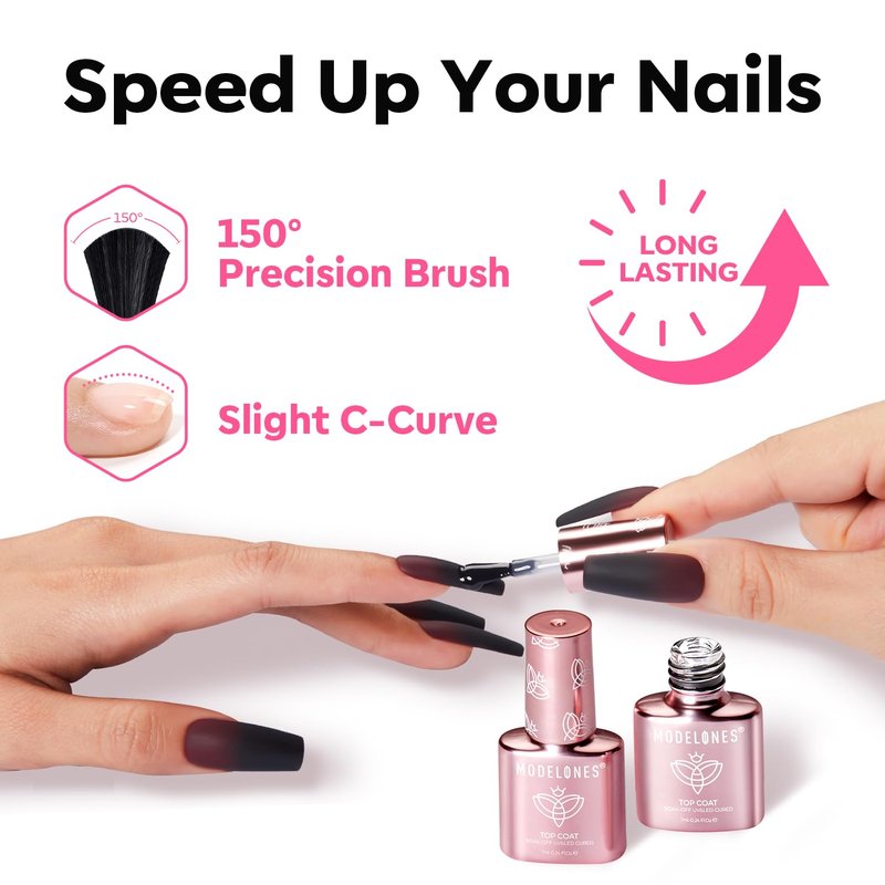 Modelones Gel Top Coat & Base Gel Polish Set - 3 PCS Clear Glossy & Chrome Proof Matte Finish | Pro Manicure Essential Kit for Women & Girls