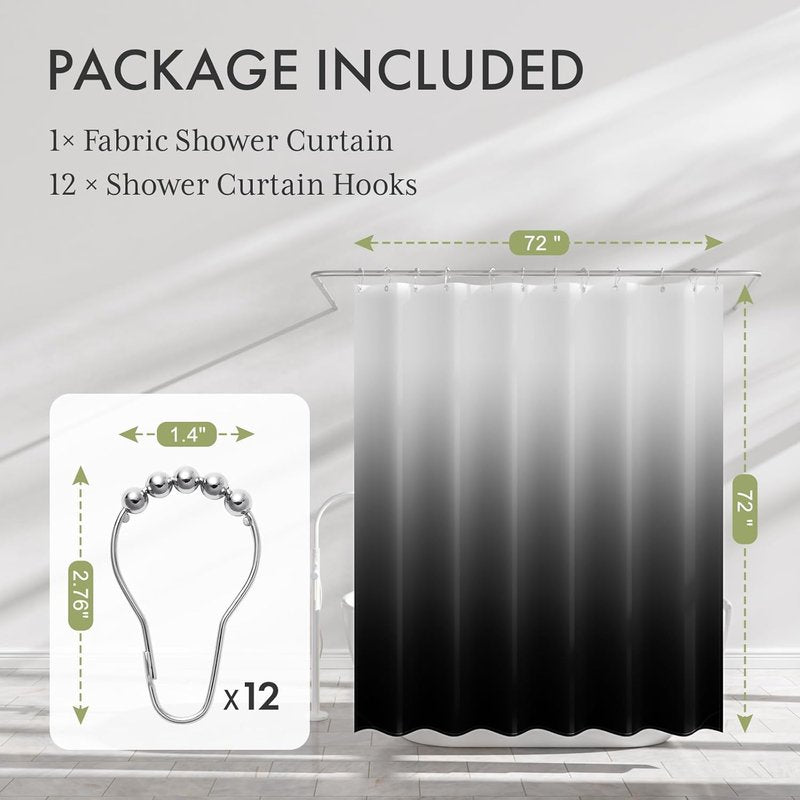 AmazerBath Ombre Black Shower Curtain Set - Washable Fabric with 12 Hooks | 72x72 Inches
