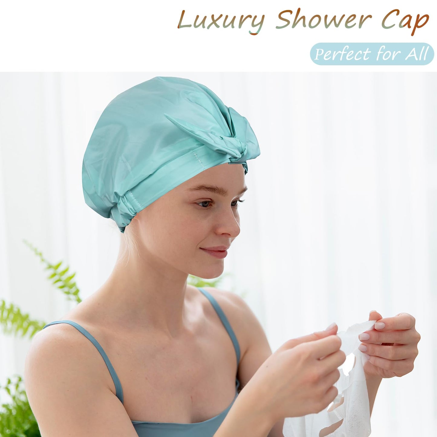 TUVATU Shower Cap for Women Reusable Waterproof, Large Satin Shower Bonnet, Washable Bath Hat for Long Hair, Braids, Curly Hair, Aqua