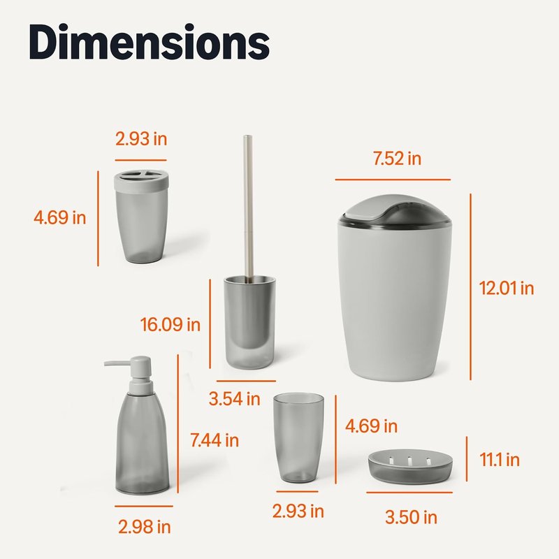 Bathroom Set - 6-Piece Grey Bathroom Accessories with Toothbrush Holder, Soap Dispenser & More