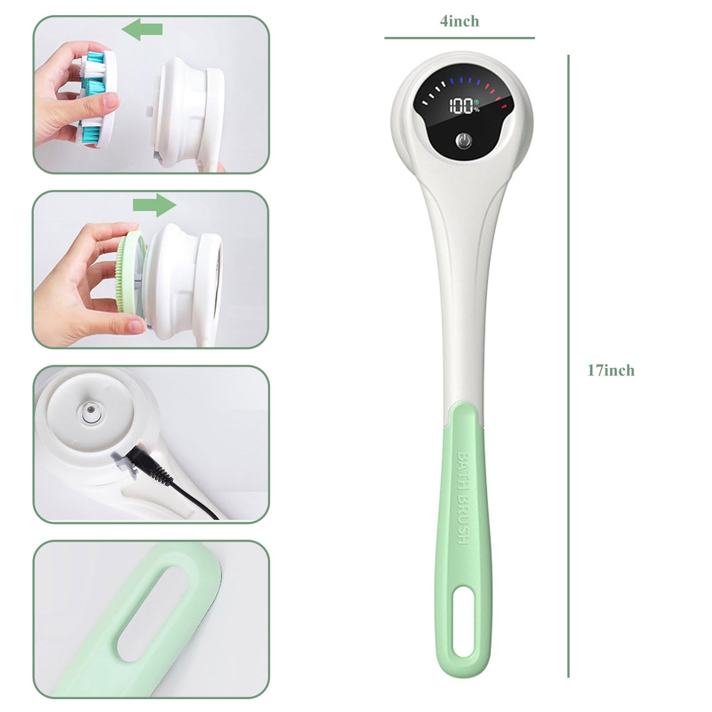 Electric Body Brush, 5 in 1 Cordless Rechargeable Bath Brush, 3 Speed Silicone Body Scrubber, LCD Display Detachable Rotating Body Brushes, Waterproof Back Brushes for Clean Exfoliate Massage (Green)