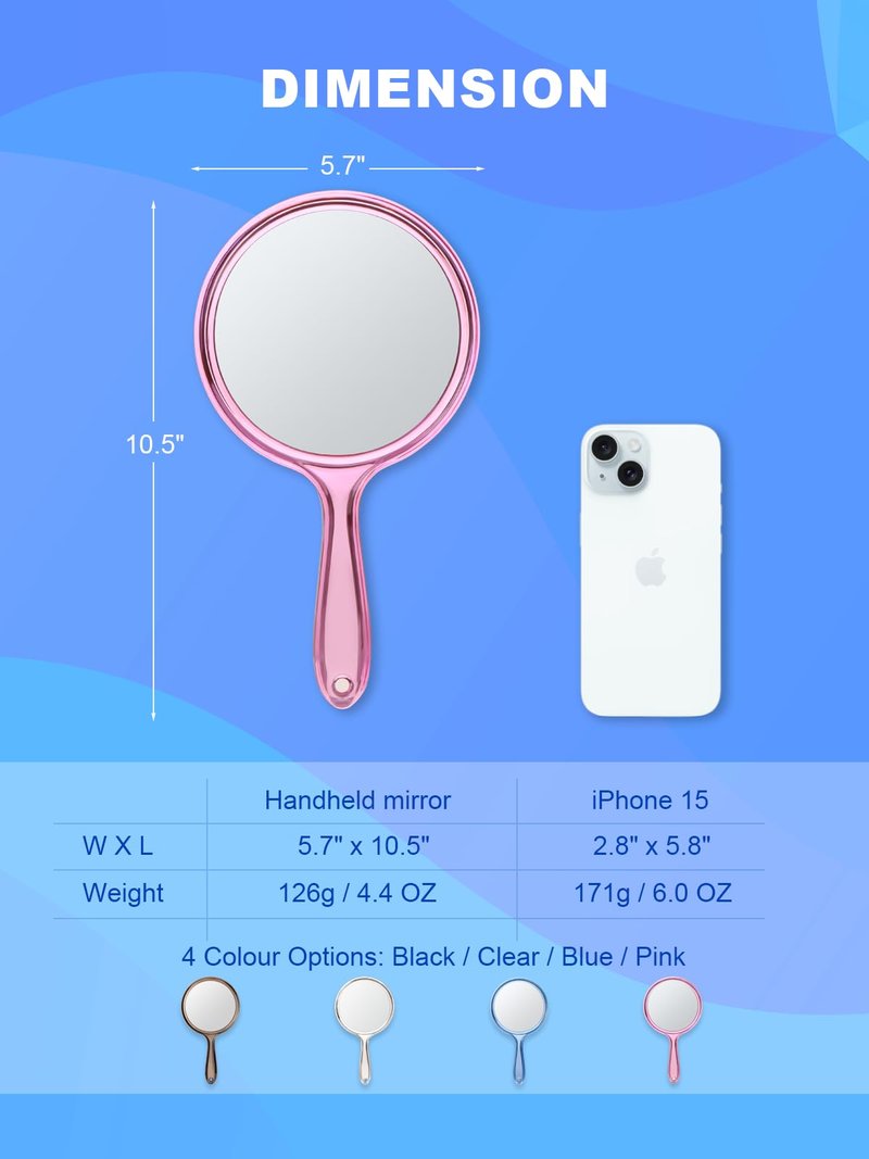 Macaki Handheld Mirror with Handle, 10.5 x 5.7 inches, Double-Sided 1X/5X Magnification Travel Makeup Mirror for Women, Pink