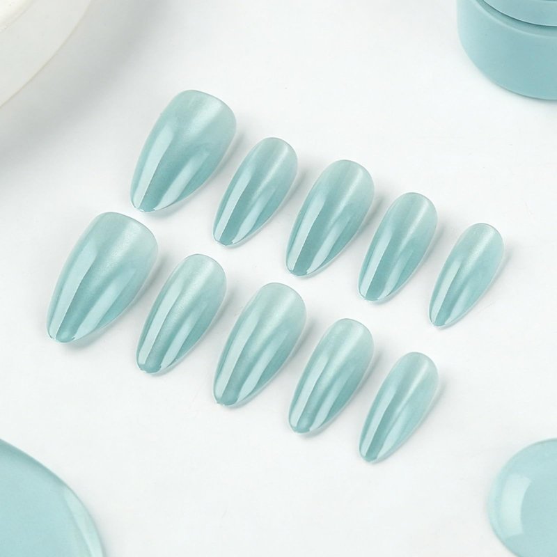 Mint Green Press on Nails Almond Fake Nails with Glitter Design Glossy Full Cover Medium Stick on Nail for Women Manicure 30Pcs