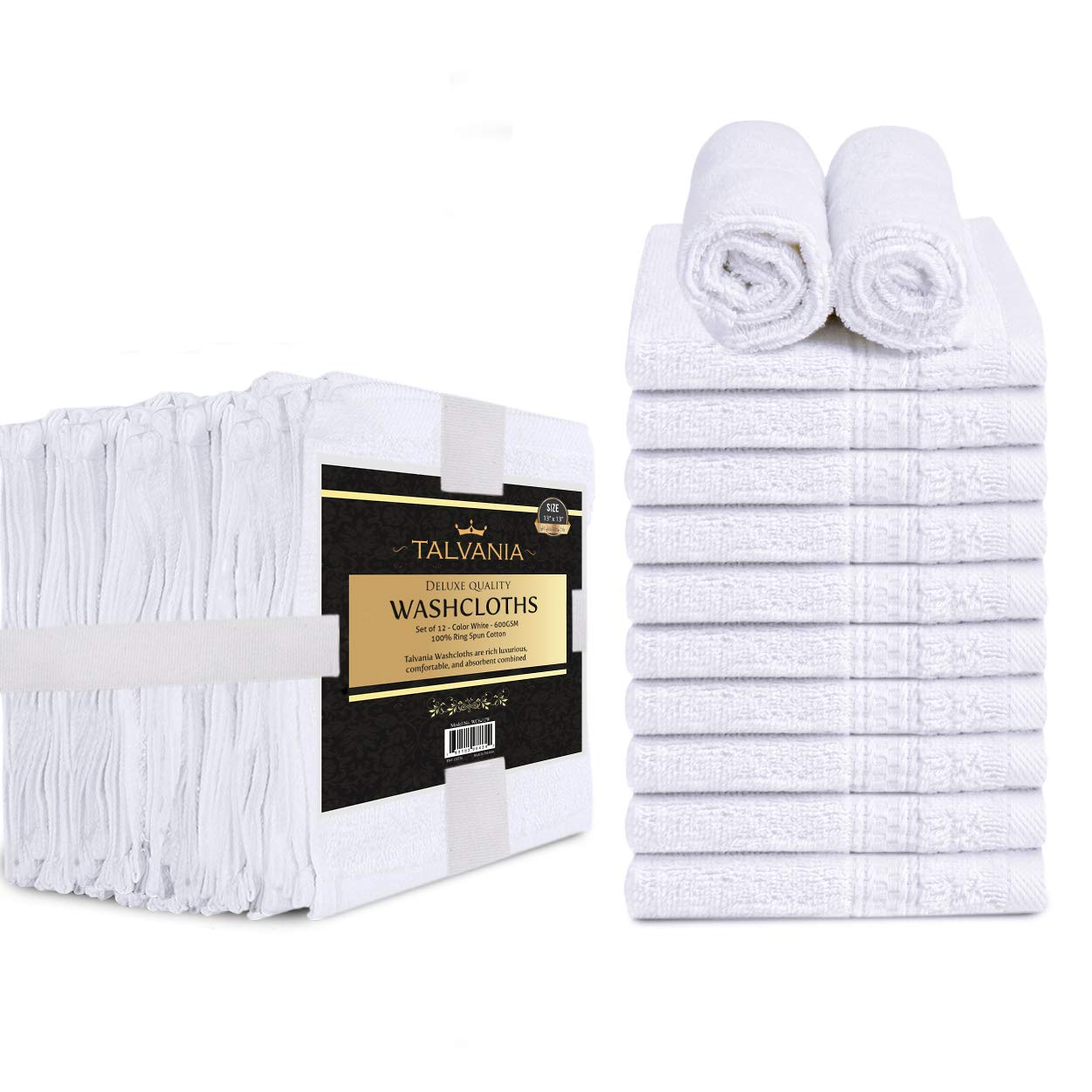 TALVANIA Cotton Washcloths - 13” X 13” 100% Pure Ring Spun Cotton Towels 600 GSM Soft and Absorbent, Long Lasting, Pack of 12 Face Wash Towel (White)