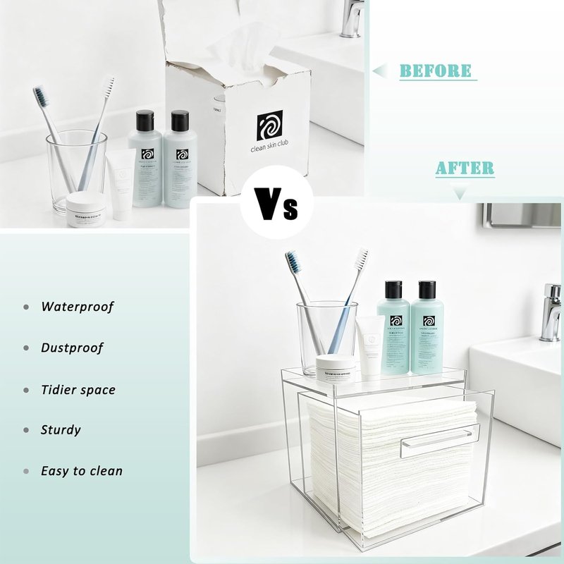 Clean Skin Club | Acrylic Disposable Facial Towel Holder - Clear Storage Box for Bathroom & Vanity