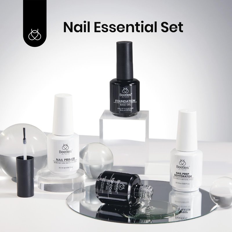 Beetles 4 Pcs 15ml Base Gel and Top Coat Kit with 20ml Nail Dehydrator and Primer, Professional Nail Prep Acid-Free & Hema-Free Dehydrate Bond Primer Set for Acrylic Manicure Gift for Women