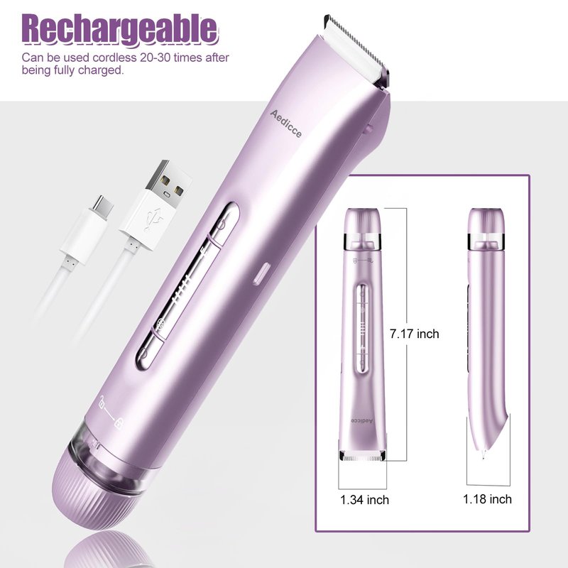 Bikini Trimmer for Women 2 in 1, Dual Head Womens Electric Shaver, Electric Razors for Pubic Hair, IPX7 Waterproof Rechargeable Facial Hair Removal for Shaving Underarm Leg Arm Body Face, Purple