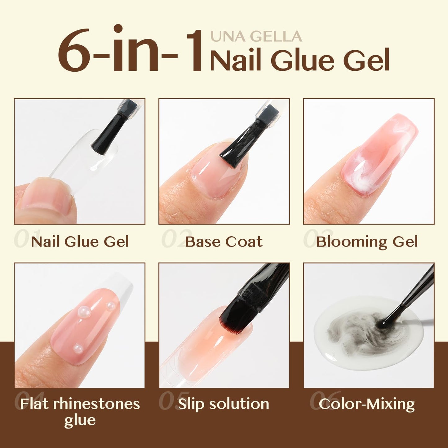 UNA GELLA 6 in 1 Gel Nail Glue - Long-Lasting Clear Acrylic Nail Adhesive, 15ml, Super Strong Brush