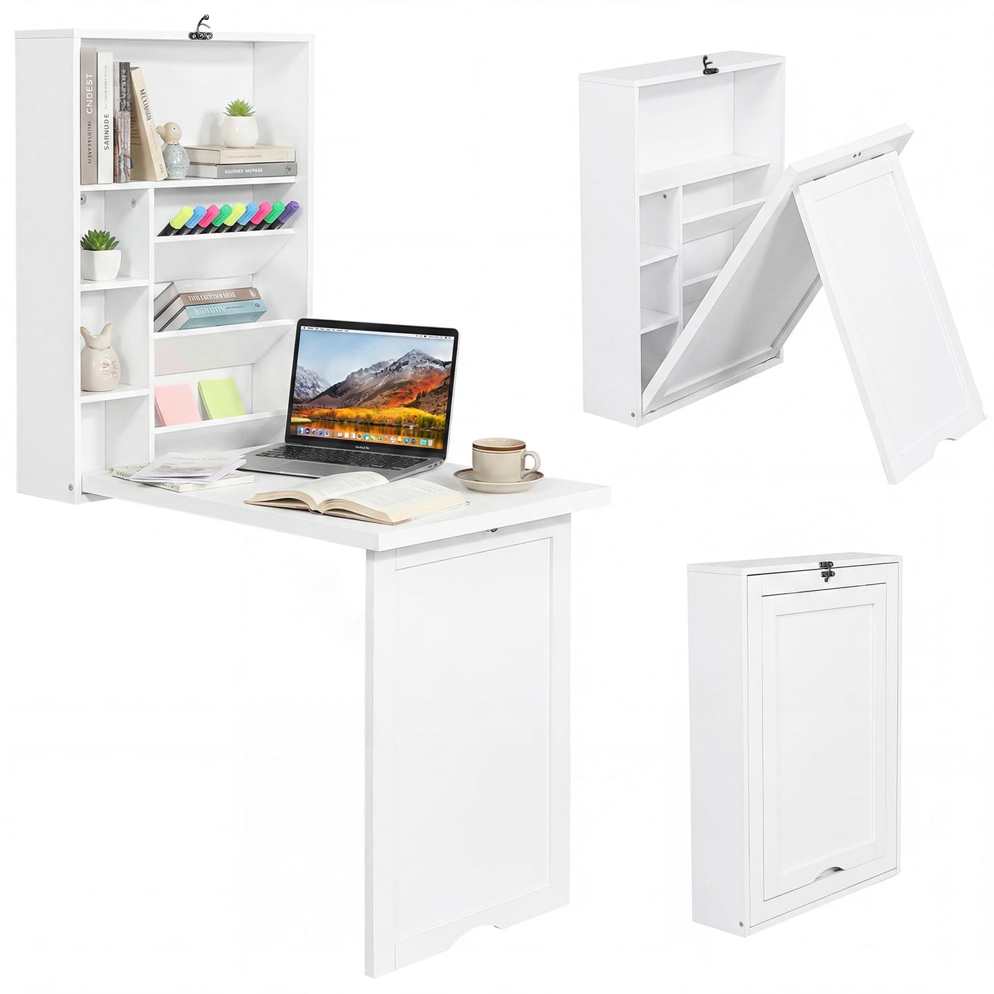 Tangkula Folding Wall Mounted Desk, Convertible Fold Out Floating Table with Storage Shelves, Space-Saving Drop Leaf Table, Murphy Desk for Craft, Study, Small Spaces, Home Office, Dorm, White