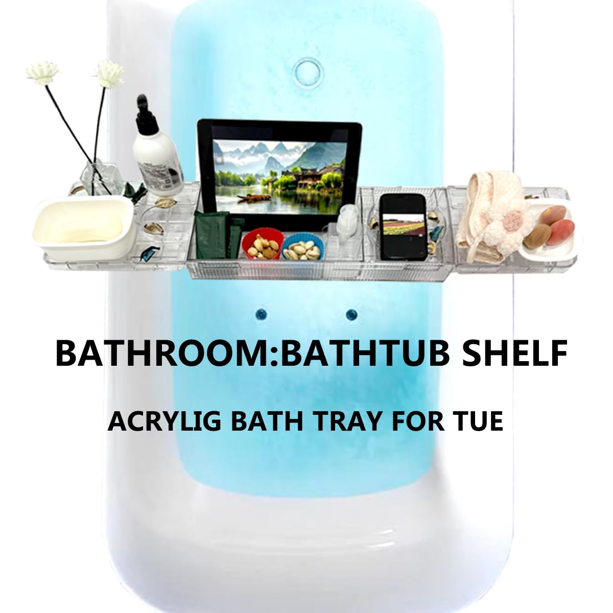 lizeisadi Large Capacity Adjustable Bath Tub Tray - Transparent Acrylic Rectangular Modern Bathroom Tray - Easy Clean, Sturdy Durability - Fits Most Bathtubs (Extended Edition)